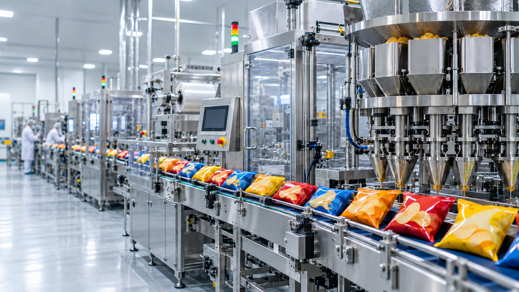 Linha automatizada de embalagem de alimentos com pacotes em esteira e equipamentos industriais